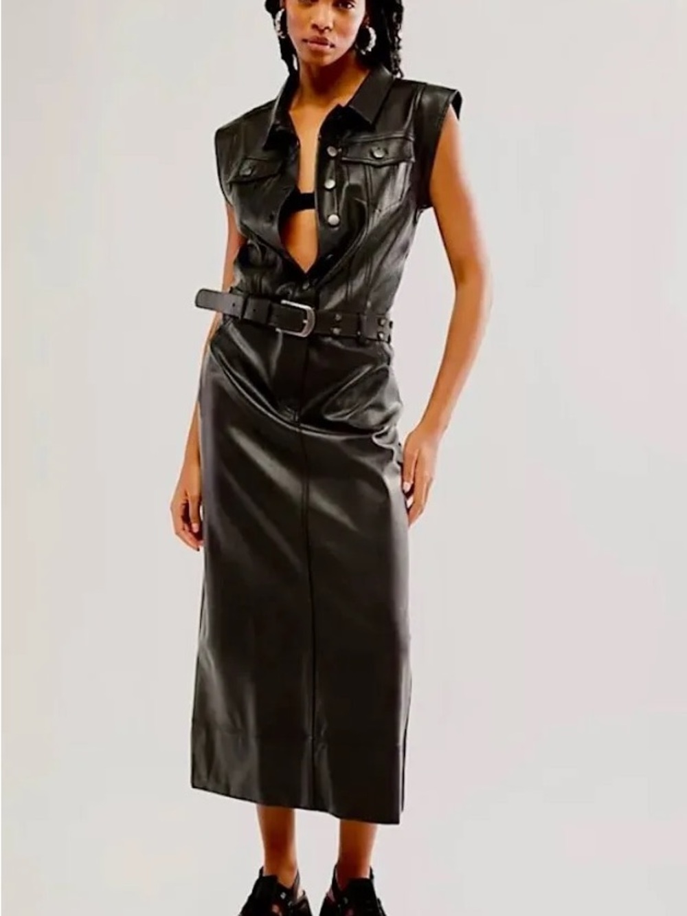 Free People Danni Vegan Leather Midi Maxi Dress Buttons Cap Sleeve